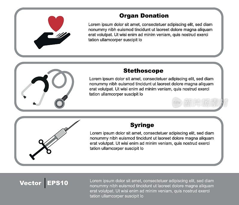 organ donation, stethoscope, syringe, healthcare and medical concept flat vector. screen for website and mobile applications.
